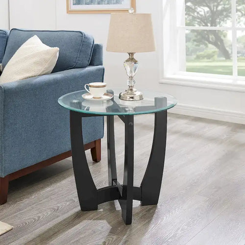 Mesa de centro redonda de cristal templado negra/marrón, 2 personas, 23.5"
