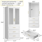 Armario blanco de doble puerta de cristal con tiradores dorados y barra para colgar, 1 persona