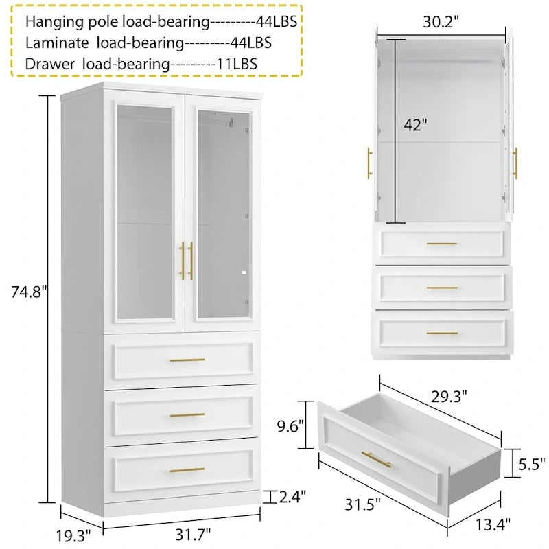 Armario blanco de doble puerta de cristal con tiradores dorados y barra para colgar, 1 persona