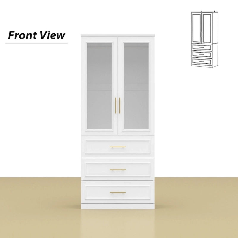 Armario blanco de doble puerta de cristal con tiradores dorados y barra para colgar, 1 persona