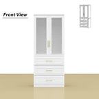 Armario blanco de doble puerta de cristal con tiradores dorados y barra para colgar, 1 persona