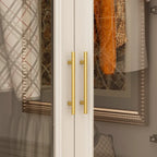 Armario blanco de doble puerta de cristal con tiradores dorados y barra para colgar, 1 persona
