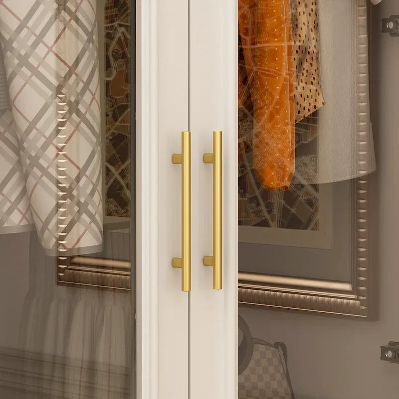 Armario blanco de doble puerta de cristal con tiradores dorados y barra para colgar, 1 persona