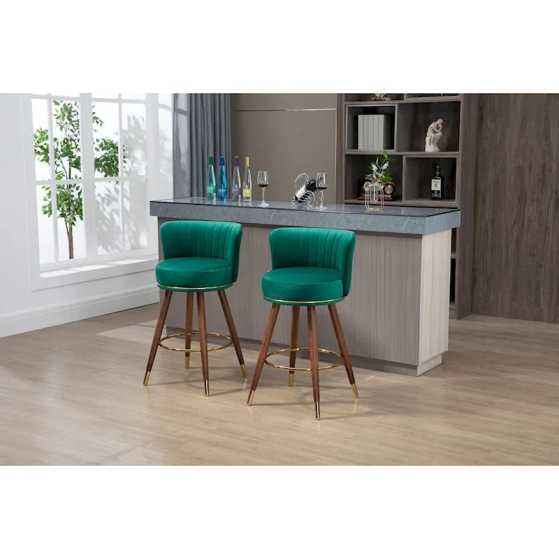 Taburete giratorio para barra en negro/marfil/esmeralda/rosa/gris con patas de madera, juego de 2