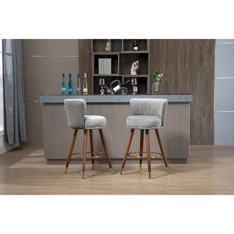 Taburete giratorio para barra en negro/marfil/esmeralda/rosa/gris con patas de madera, juego de 2