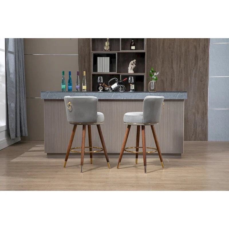 Taburete giratorio para barra en negro/marfil/esmeralda/rosa/gris con patas de madera, juego de 2