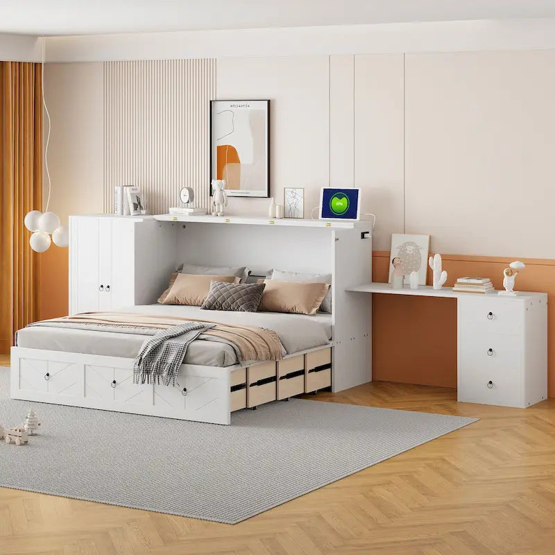 Cama Murphy Queen blanca con armario, escritorio y USB, 1 persona