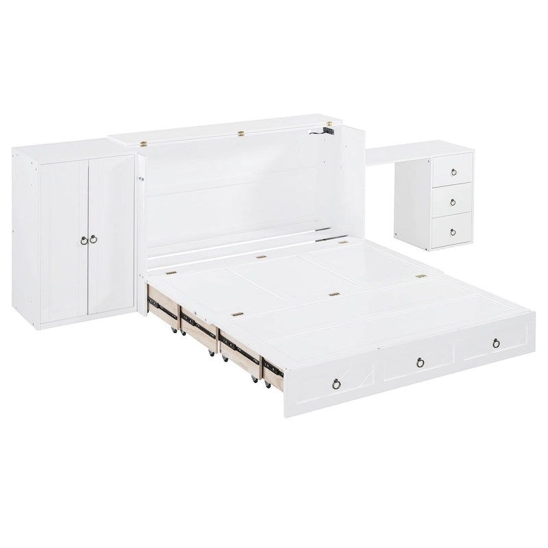 Cama Murphy Queen blanca con armario, escritorio y USB, 1 persona