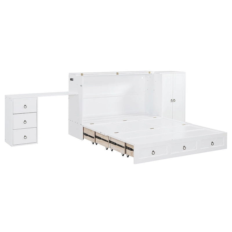 Cama Murphy Queen blanca con armario, escritorio y USB, 1 persona