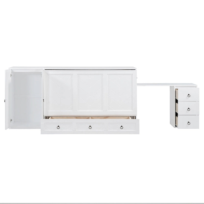 Cama Murphy Queen blanca con armario, escritorio y USB, 1 persona