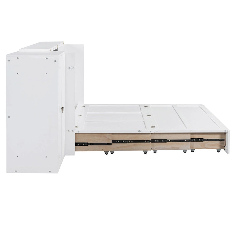 Cama Murphy Queen blanca con armario, escritorio y USB, 1 persona