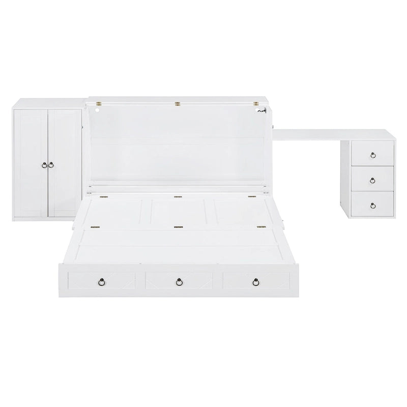 Cama Murphy Queen blanca con armario, escritorio y USB, 1 persona