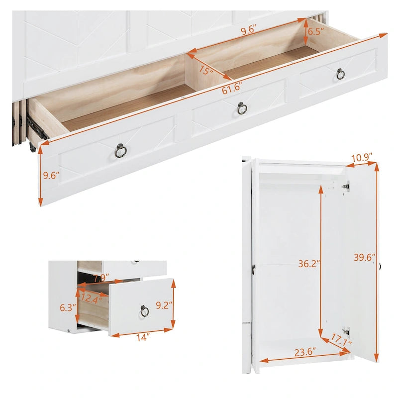 Cama Murphy Queen blanca con armario, escritorio y USB, 1 persona