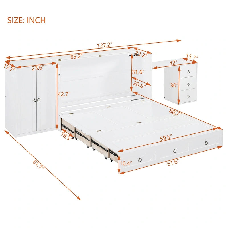 Cama Murphy Queen blanca con armario, escritorio y USB, 1 persona