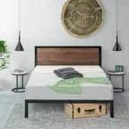 Estructura de cama con plataforma de metal negra y marrón con cabecero de madera, para 1-2 personas