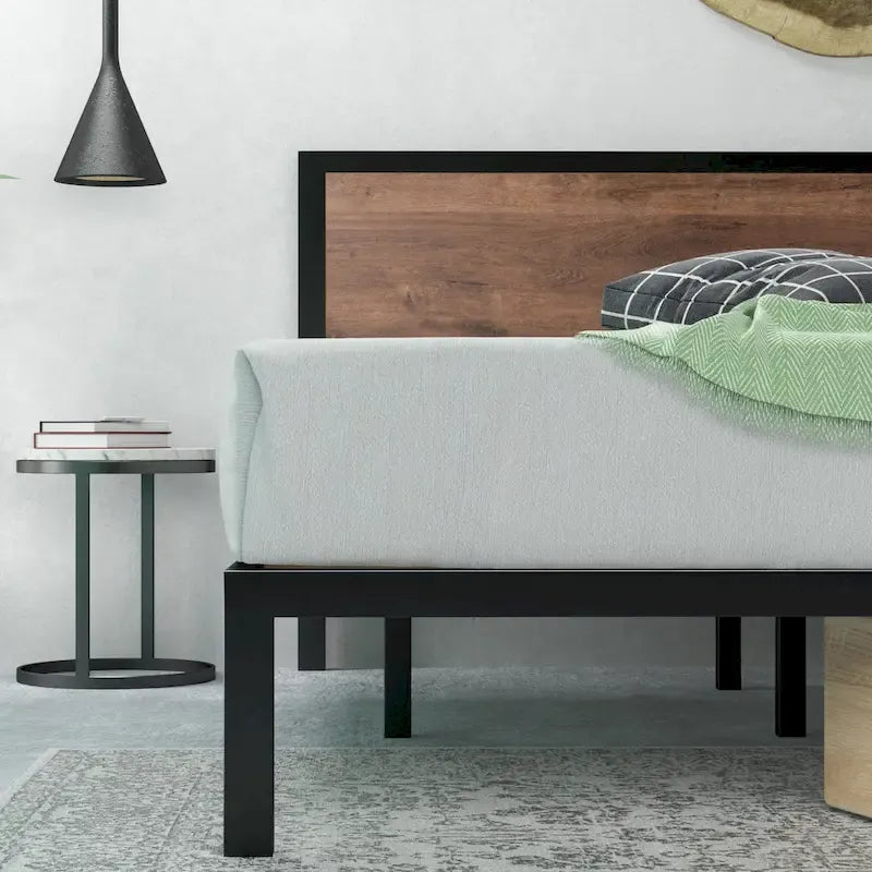 Estructura de cama con plataforma de metal negra y marrón con cabecero de madera, para 1-2 personas