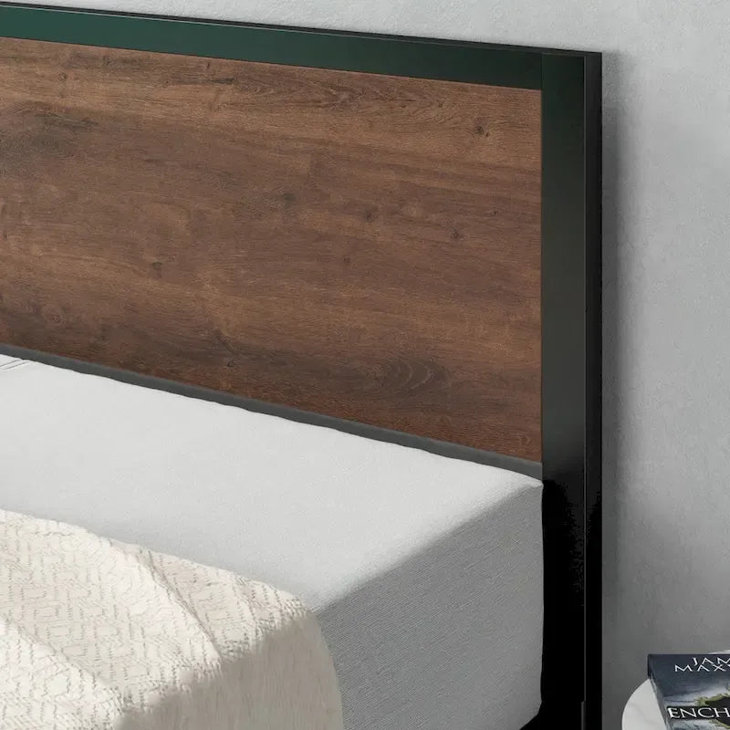 Estructura de cama con plataforma de metal negra y marrón con cabecero de madera, para 1-2 personas