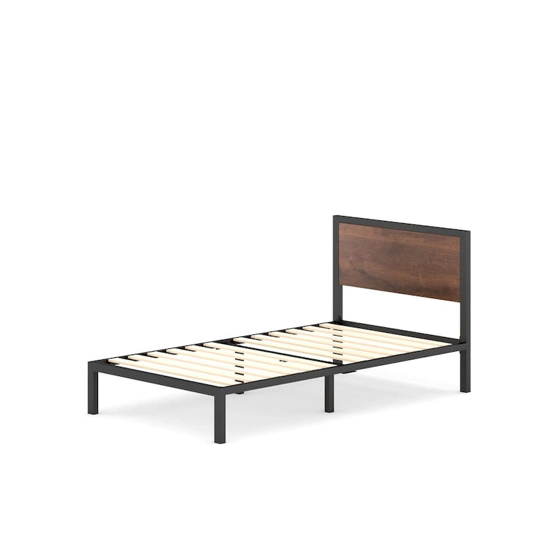 Estructura de cama con plataforma de metal negra y marrón con cabecero de madera, para 1-2 personas