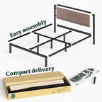 Estructura de cama con plataforma de metal negra y marrón con cabecero de madera, para 1-2 personas