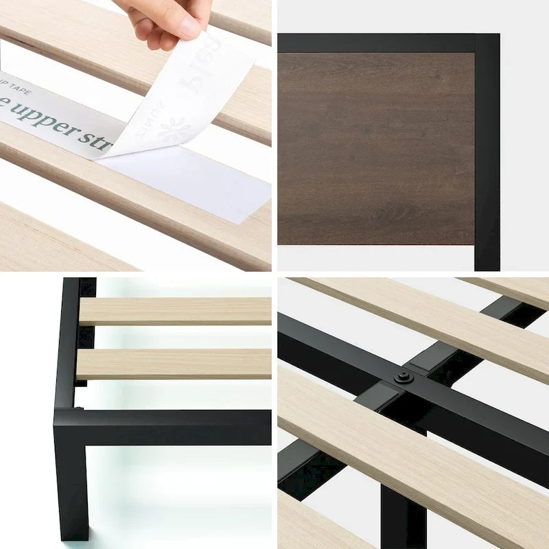 Estructura de cama con plataforma de metal negra y marrón con cabecero de madera, para 1-2 personas
