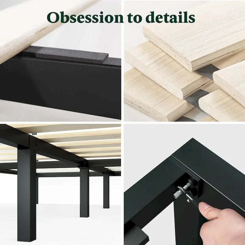 Estructura de cama con plataforma de metal negra y marrón con cabecero de madera, para 1-2 personas