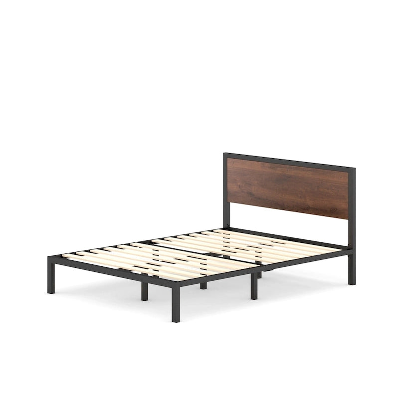 Estructura de cama con plataforma de metal negra y marrón con cabecero de madera, para 1-2 personas