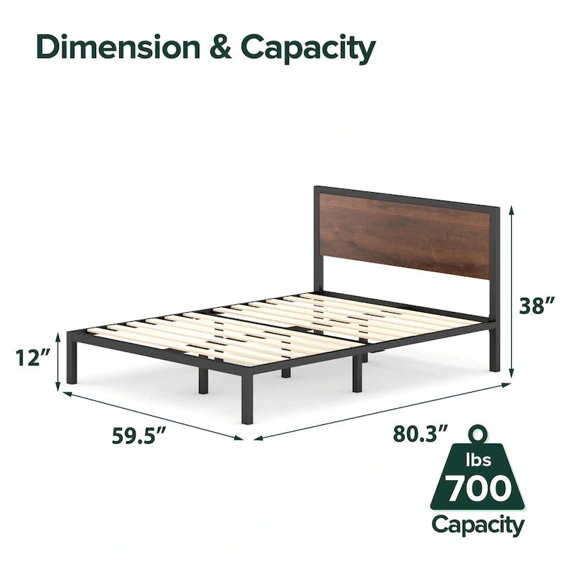 Estructura de cama con plataforma de metal negra y marrón con cabecero de madera, para 1-2 personas
