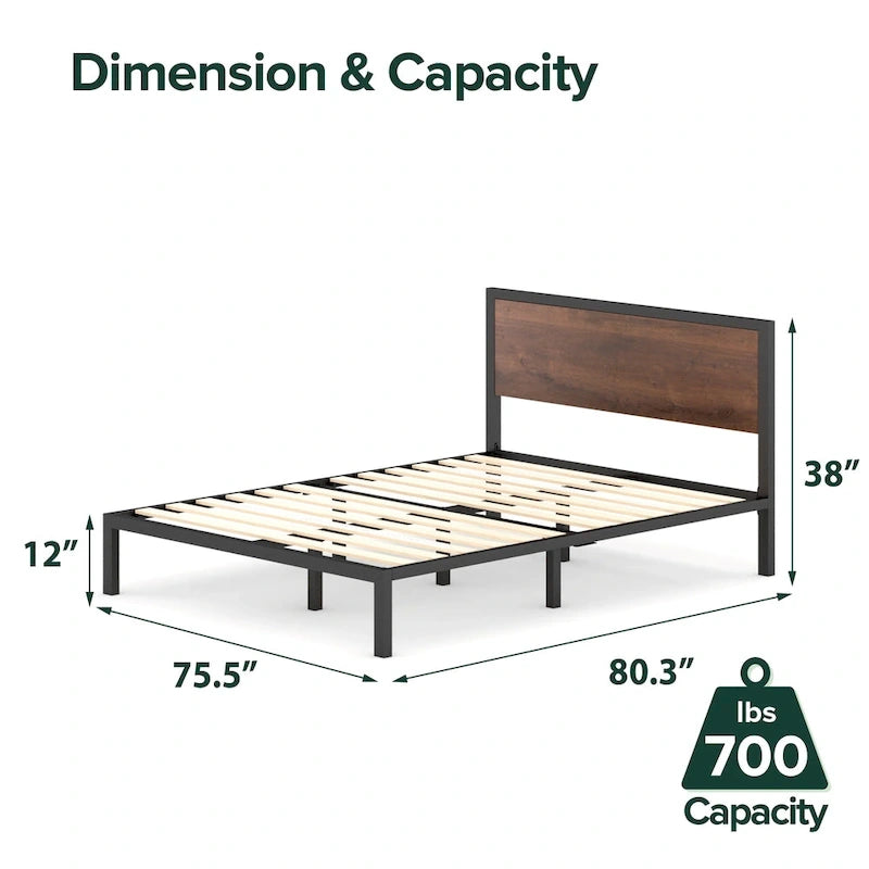 Estructura de cama con plataforma de metal negra y marrón con cabecero de madera, para 1-2 personas