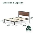Estructura de cama con plataforma de metal negra y marrón con cabecero de madera, para 1-2 personas