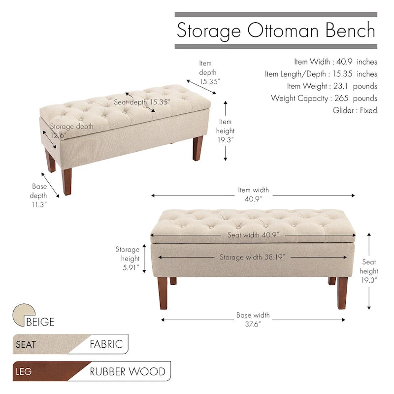Banco otomana de almacenamiento capitoné Beige / Gris oscuro / Gris - 1 persona, tapa con bisagras