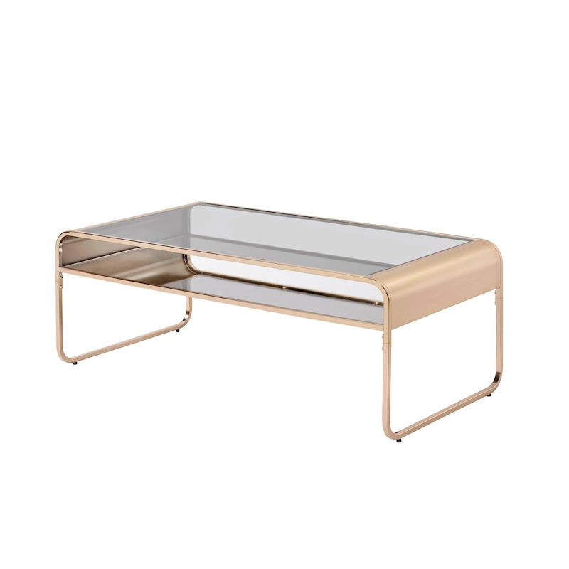 Mesa de centro contemporánea de cristal oro y plata, 1 estante, Asientos N/A