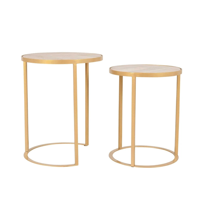 Mesas auxiliares nido de madera natural y base de hierro negro/dorado, juego de 2