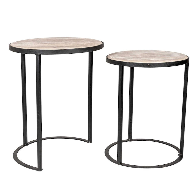 Mesas auxiliares nido de madera natural y base de hierro negro/dorado, juego de 2