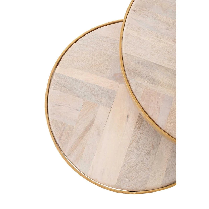 Mesas auxiliares nido de madera natural y base de hierro negro/dorado, juego de 2