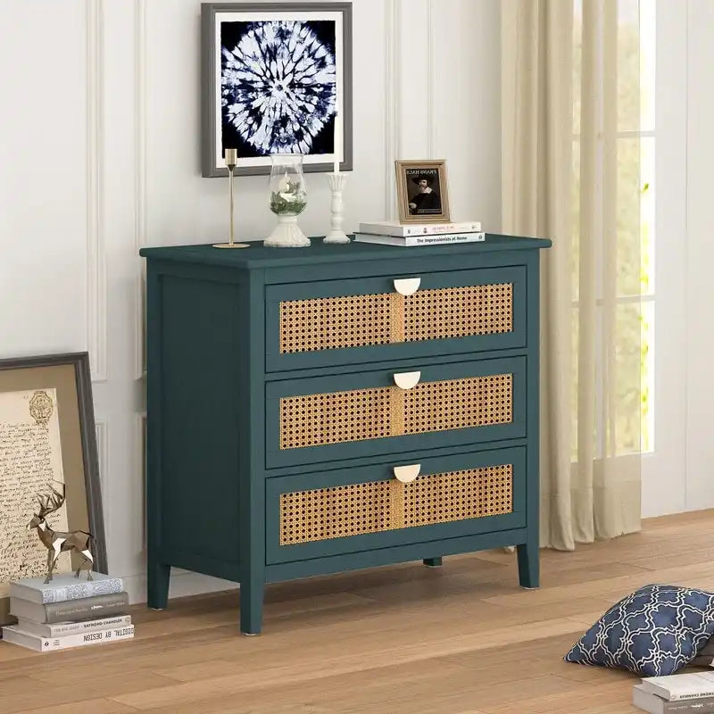 Gabinete de almacenamiento de ratán de 3 cajones rojo/verde/gris/azul – 1 persona