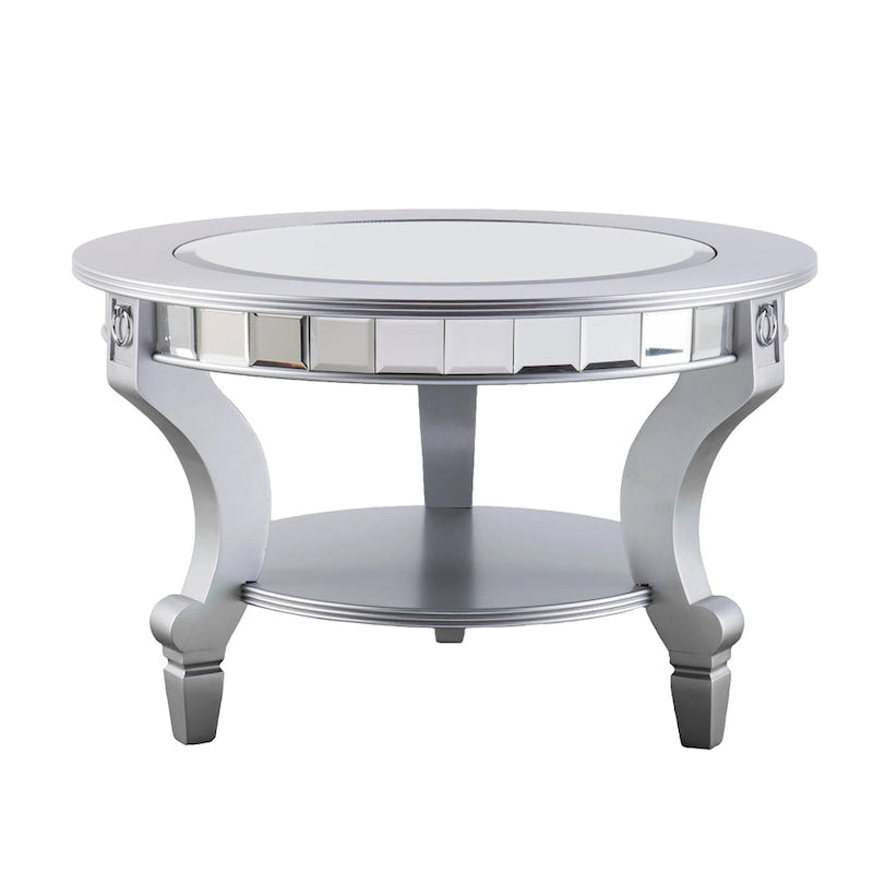 Mesa de centro redonda con espejo en plata mate, tablero de cristal y estante inferior
