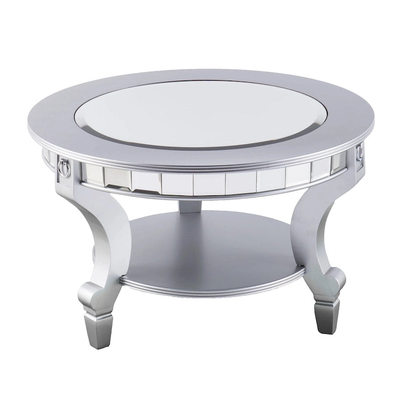 Mesa de centro redonda con espejo en plata mate, tablero de cristal y estante inferior
