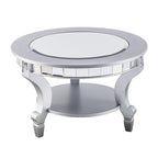 Mesa de centro redonda con espejo en plata mate, tablero de cristal y estante inferior