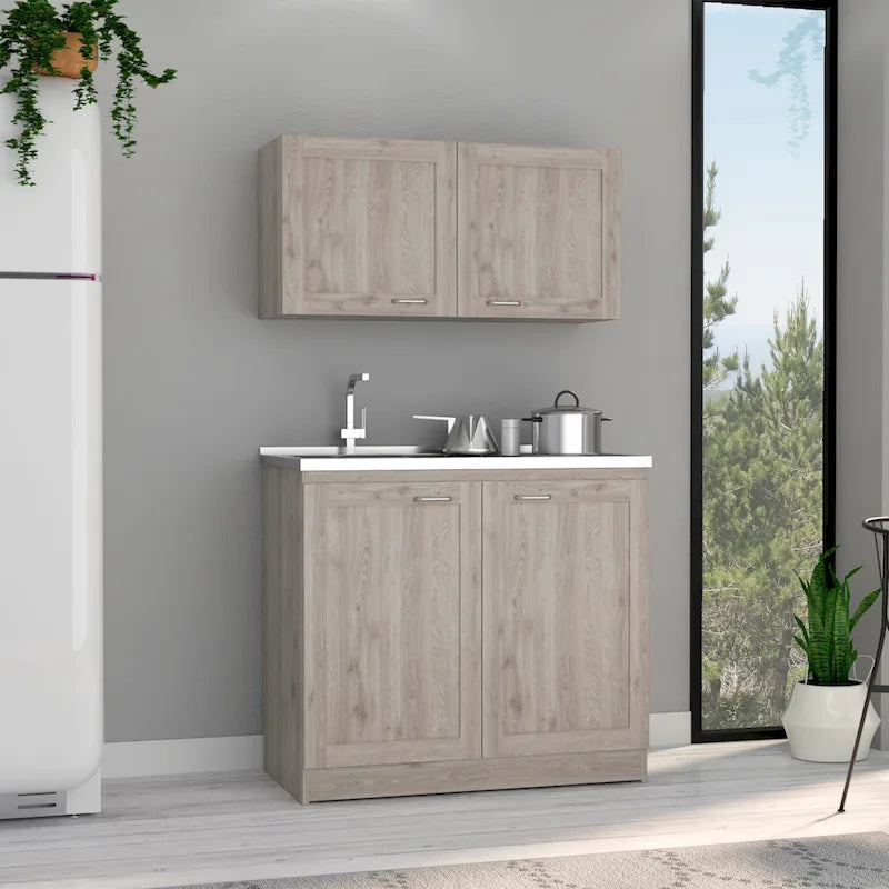 Juego de muebles de cocina de doble puerta gris claro/blanco/negro con 2 estantes