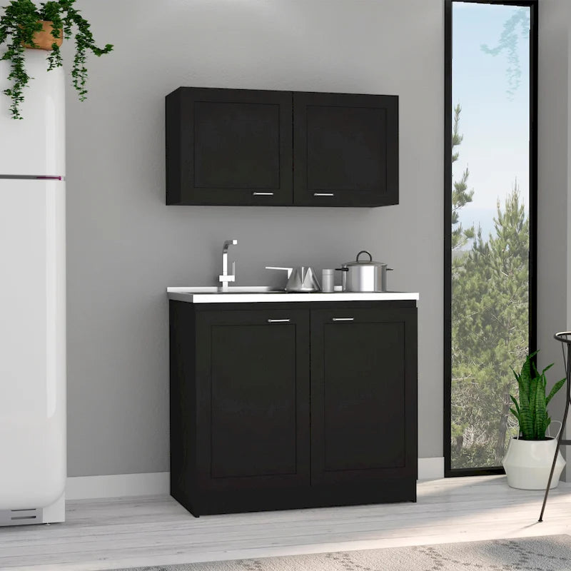 Juego de muebles de cocina de doble puerta gris claro/blanco/negro con 2 estantes