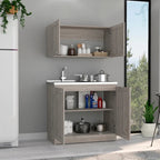 Juego de muebles de cocina de doble puerta gris claro/blanco/negro con 2 estantes