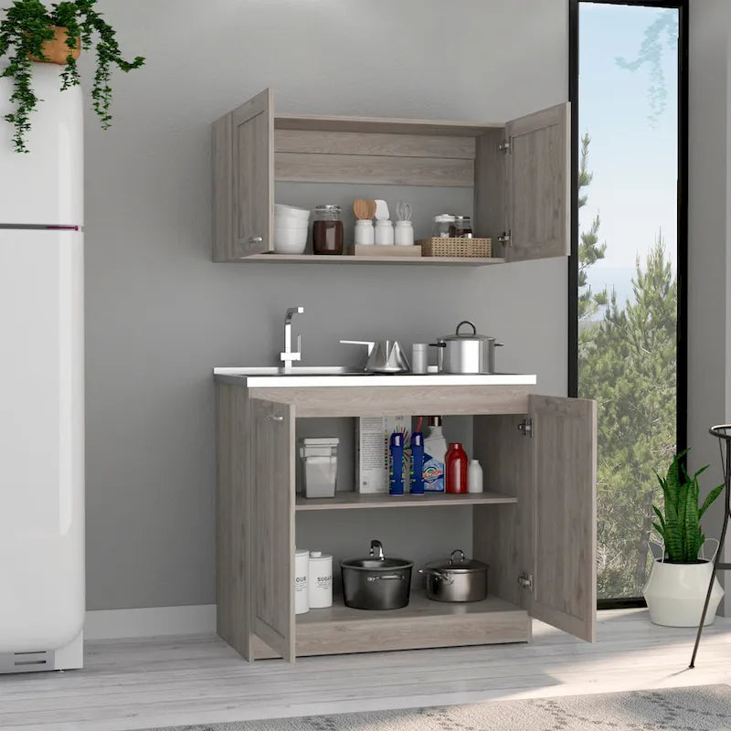 Juego de muebles de cocina de doble puerta gris claro/blanco/negro con 2 estantes
