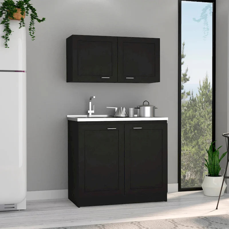 Juego de muebles de cocina de doble puerta gris claro/blanco/negro con 2 estantes