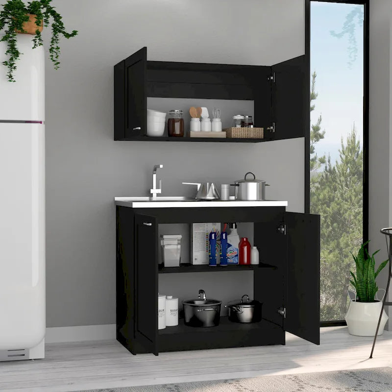 Juego de muebles de cocina de doble puerta gris claro/blanco/negro con 2 estantes