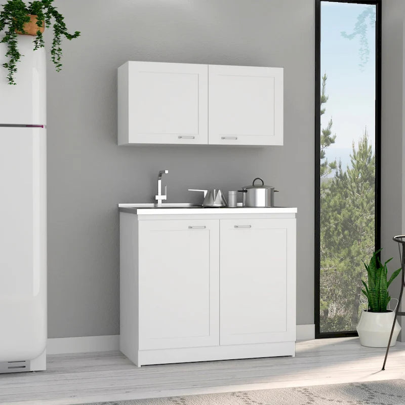 Juego de muebles de cocina de doble puerta gris claro/blanco/negro con 2 estantes