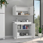 Juego de muebles de cocina de doble puerta gris claro/blanco/negro con 2 estantes