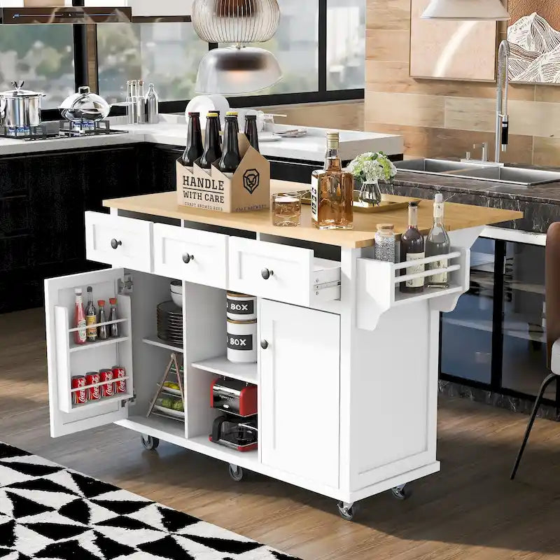Isla de cocina con encimera de madera de caucho abatible de 53 pulgadas sobre 5 ruedas con armario de almacenamiento y 3 cajones - 53