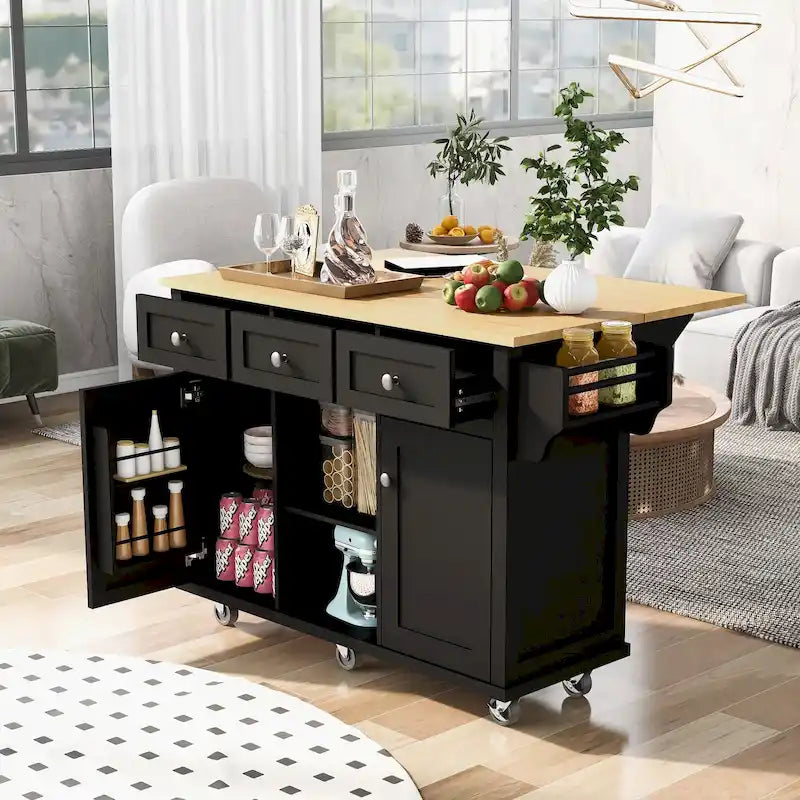 Isla de cocina con encimera de madera de caucho abatible de 53 pulgadas sobre 5 ruedas con armario de almacenamiento y 3 cajones - 53