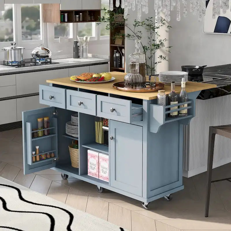 Isla de cocina con encimera de madera de caucho abatible de 53 pulgadas sobre 5 ruedas con armario de almacenamiento y 3 cajones - 53