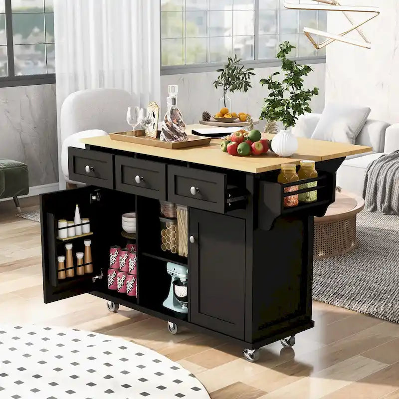 Isla de cocina con encimera de madera de caucho abatible de 53 pulgadas sobre 5 ruedas con armario de almacenamiento y 3 cajones - 53